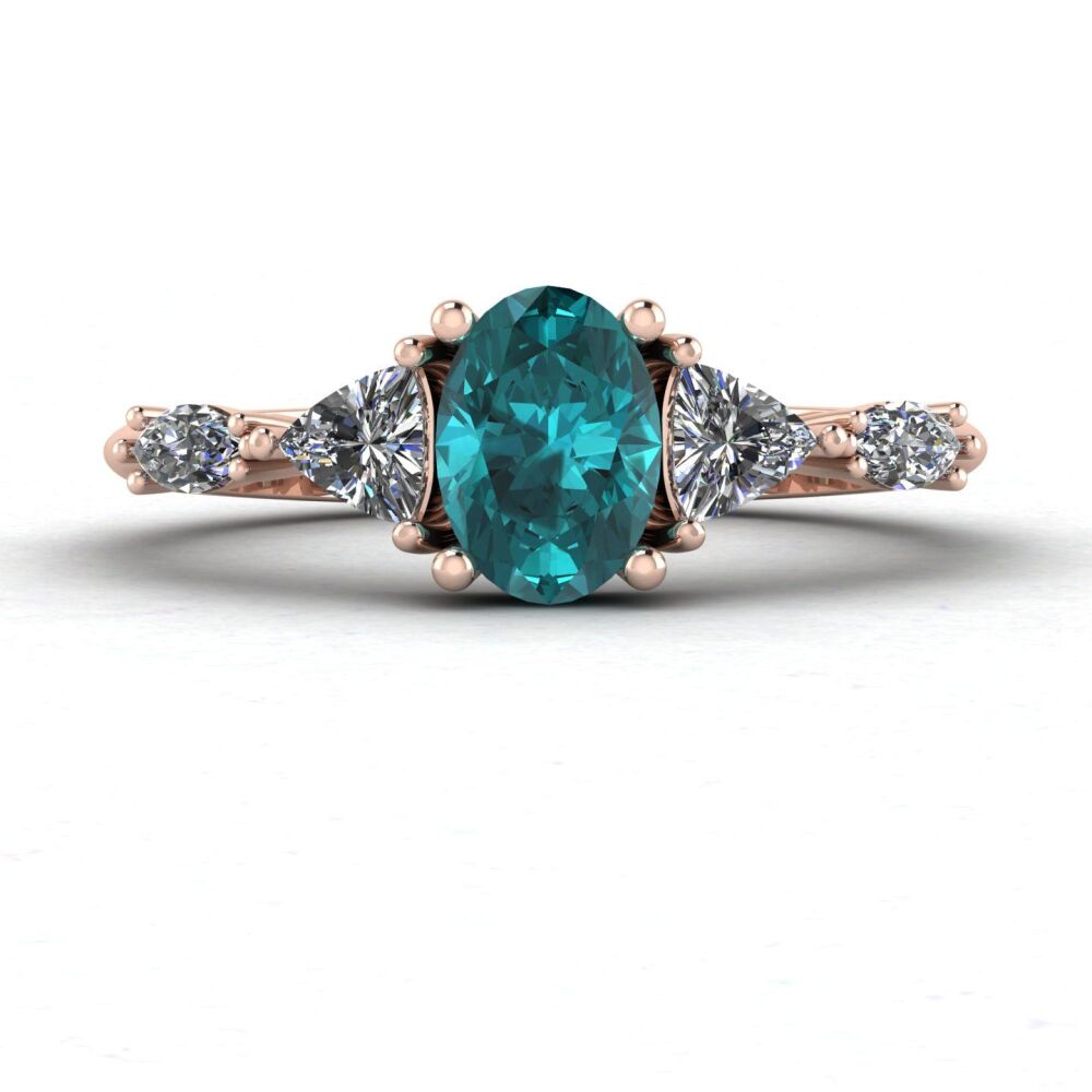 Maisie: Oval Teal Sapphire & Diamonds, Rose Gold Engagement Ring