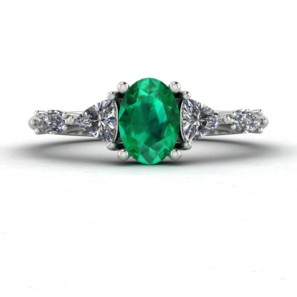 Maisie: Oval Emerald & Diamonds, White Gold or Platinum Engagement Ring