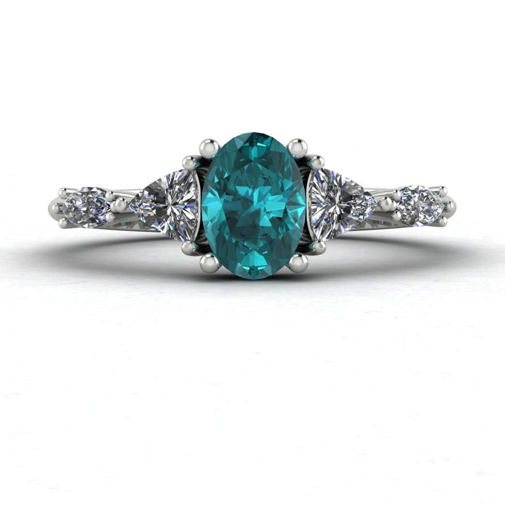 Maisie: Oval Teal Sapphire & Diamonds, White Gold or Platinum Engagement Ring