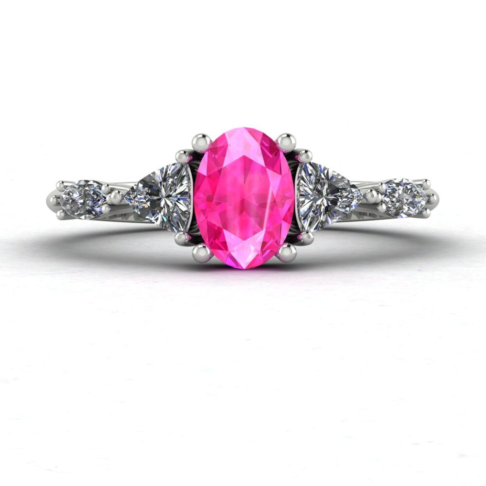 Maisie: Oval Pink Sapphire & Diamonds, White Gold or Platinum Engagement Ring