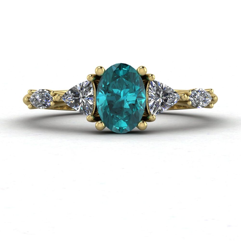 Maisie: Oval Teal Sapphire & Diamonds, Gold Engagement Ring