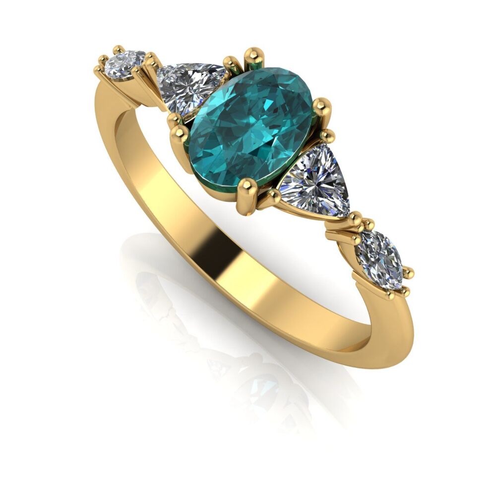 Maisie: Oval Teal Sapphire & Diamonds, Gold Engagement Ring