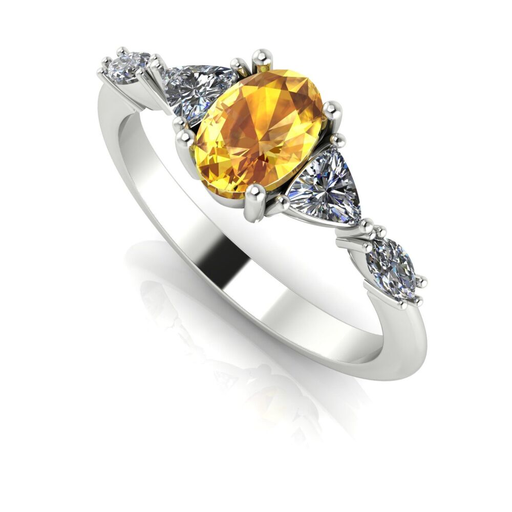 Maisie: Oval Yellow Sapphire & Diamonds, White Gold or Platinum Engagement Ring