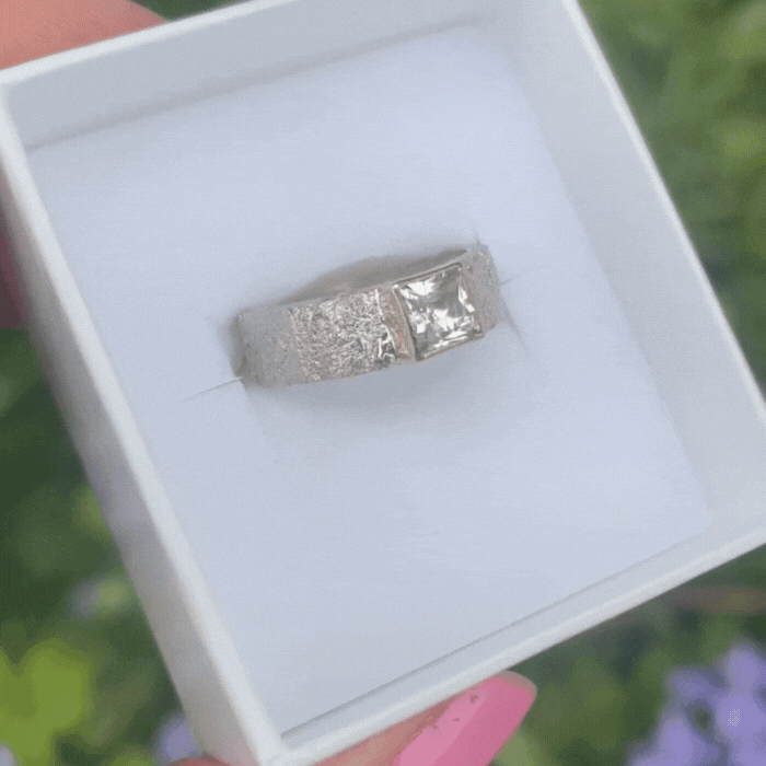 Princess Cut White Topaz Textured Silver Ring With A Contrasting Gold Setting
