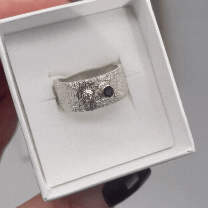 Sapphire and Diamond Textured Handmade Wide Silver Ring With Gold Settings