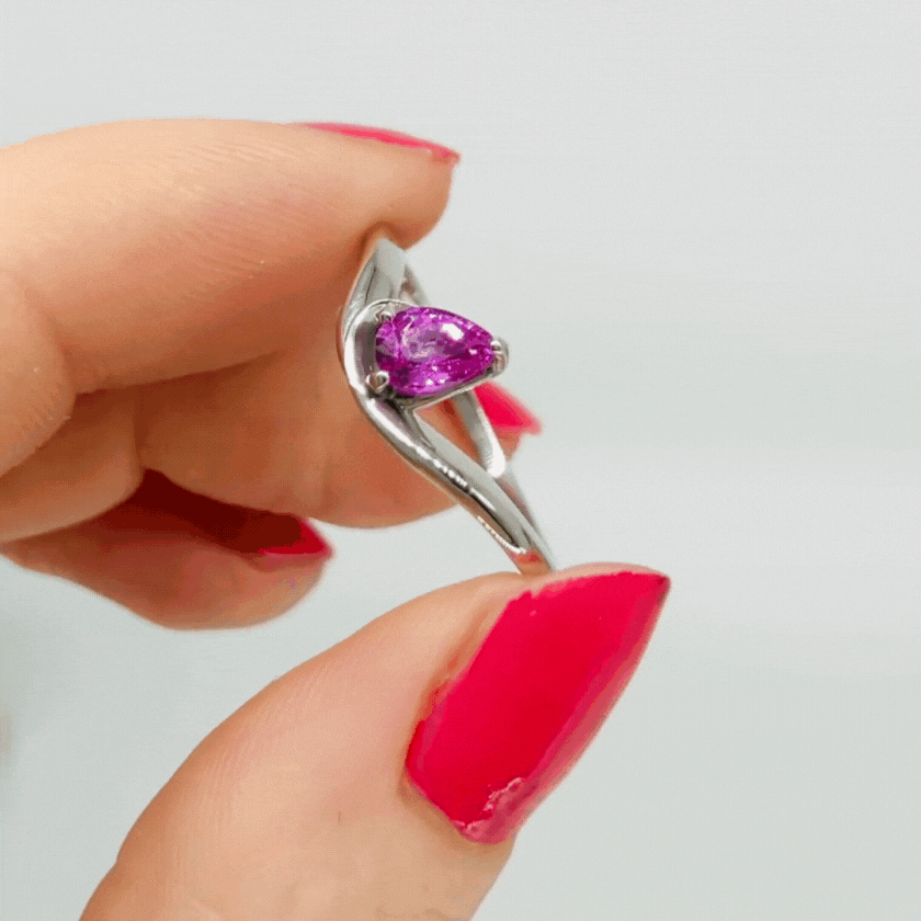 Enchanted: Pear Shaped Solitaire Pink Sapphire Asymmetrical White Gold or Platinum Ring
