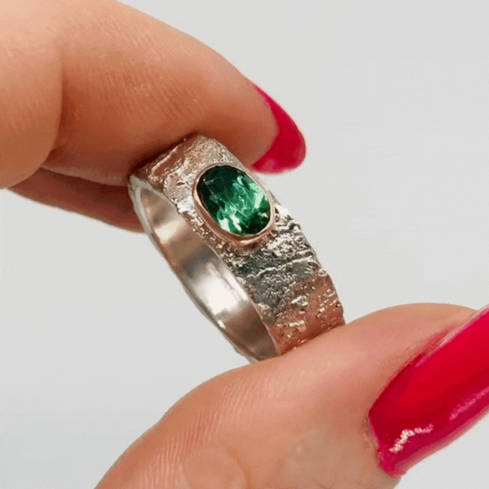Oval Green Tourmaline Textured Silver With Gold Setting Ring