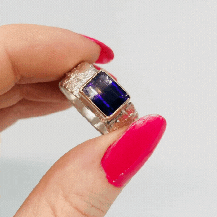 Bi-Colour Amethyst Textured Silver With Gold Setting Gemstone Ring