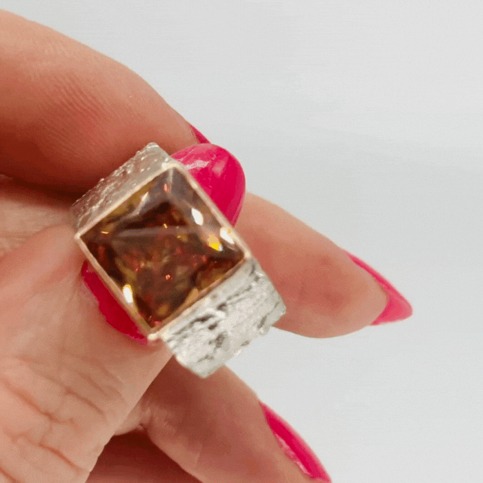 Stunning Natural Zircon Statement Gemstone Ring - Textured Silver With Gold Detail