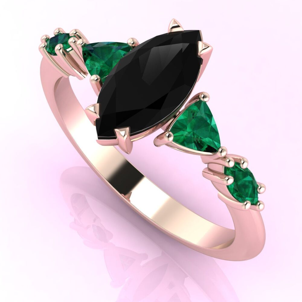 Maisie Marquise Black Diamond & Emerald Rose Gold Ring