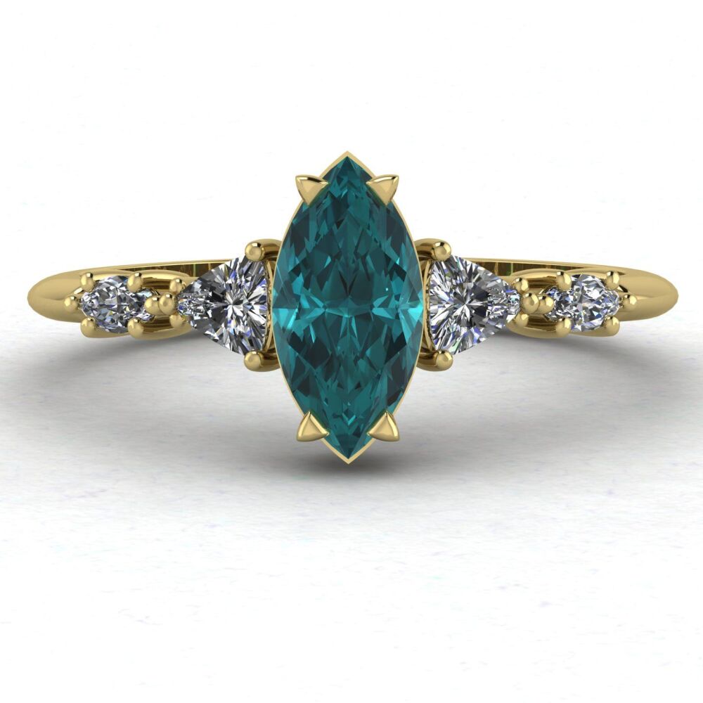 Maisie Marquise Teal Sapphire & Diamonds, Gold Engagement Ring