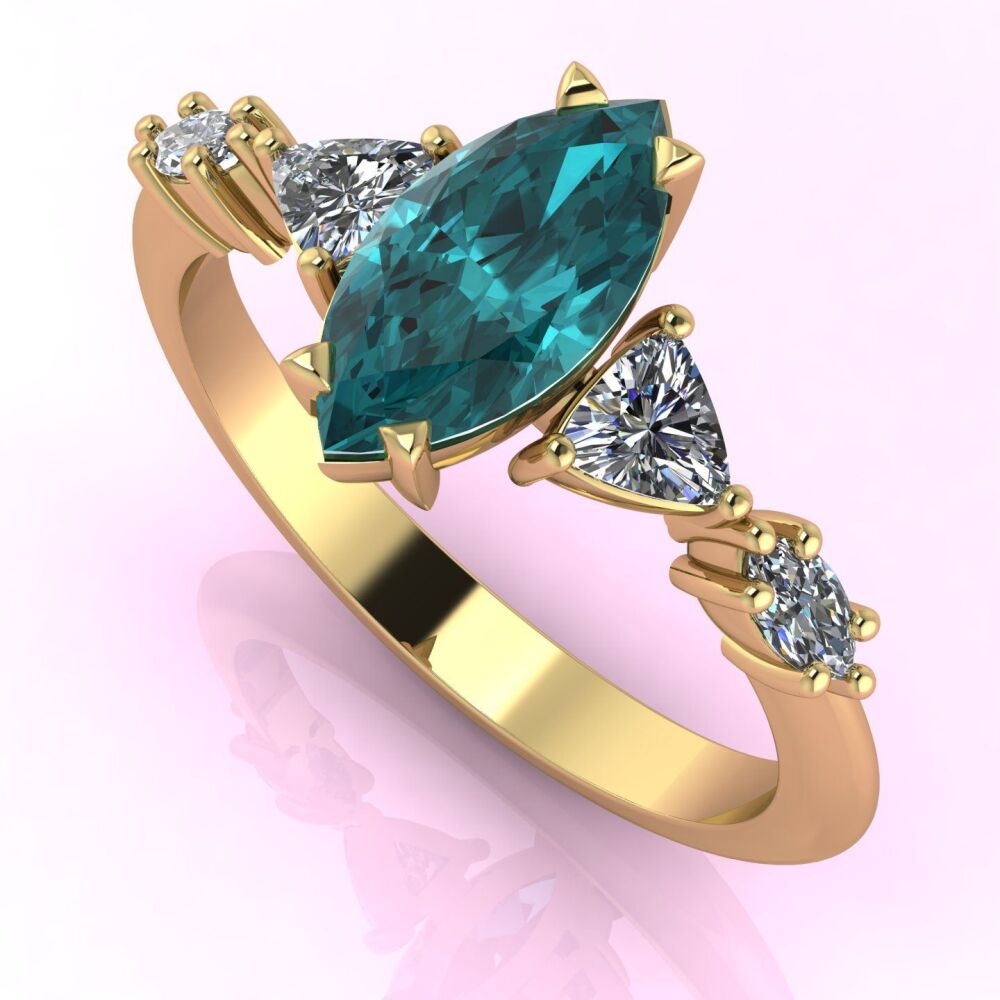 Maisie Marquise Teal Sapphire & Diamonds, Gold Engagement Ring