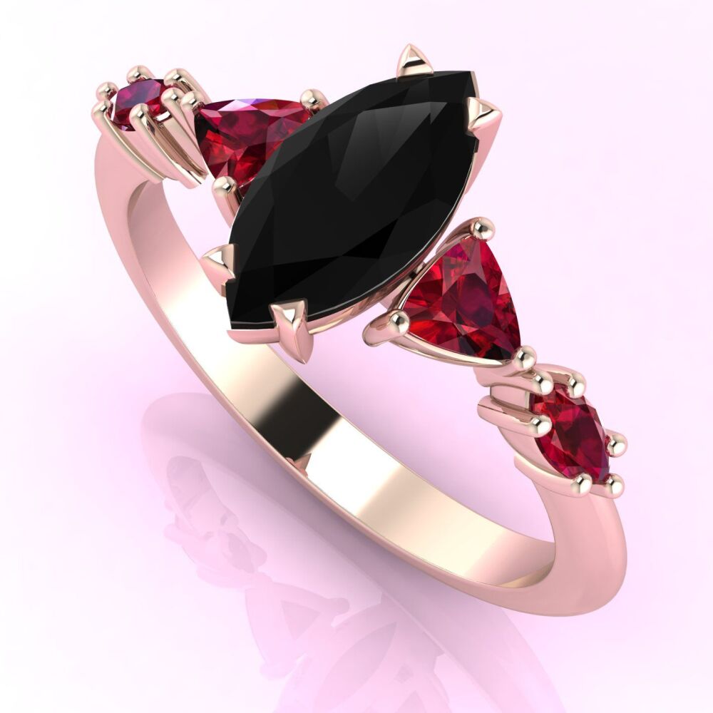 Maisie Marquise Black Diamond & Ruby Rose Gold Ring