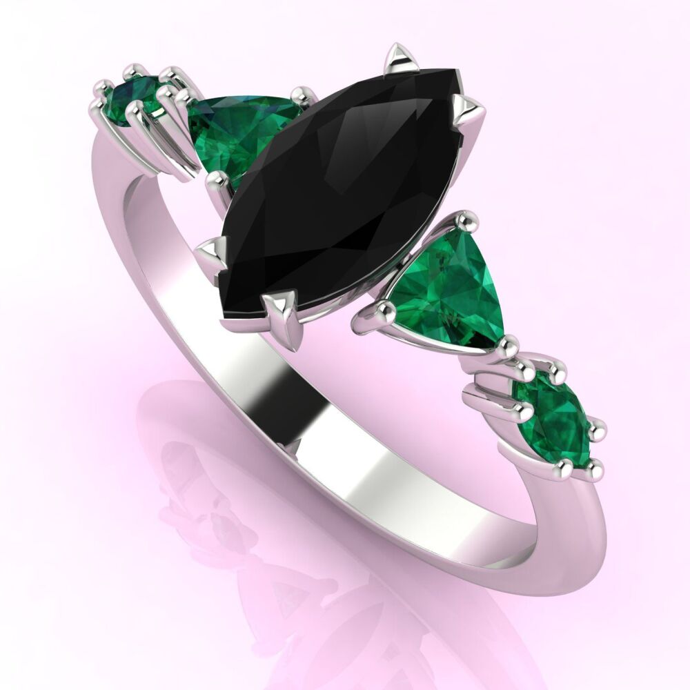 Maisie Marquise Black Diamond & Emerald White Gold or Platinum Ring