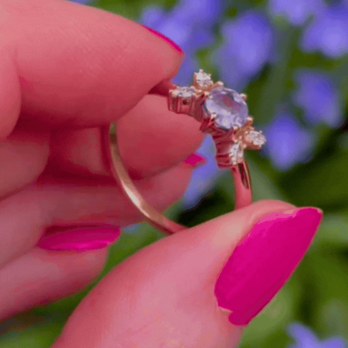 Flutterby Lavender Sapphire & Diamonds Butterfly Inspired Cluster Rose Gold Engagement Ring