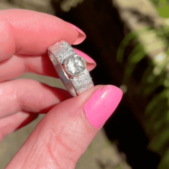 Prasiolite Rivda Ring - Handmade Textured Silver With Gold Detail