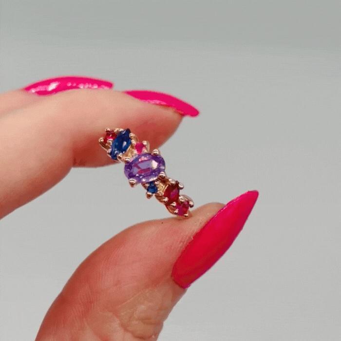 Atlantis Paradise: Violet, Pink & Blue Sapphire's With Rubies Asymmetrical Cluster Rose Gold Ring