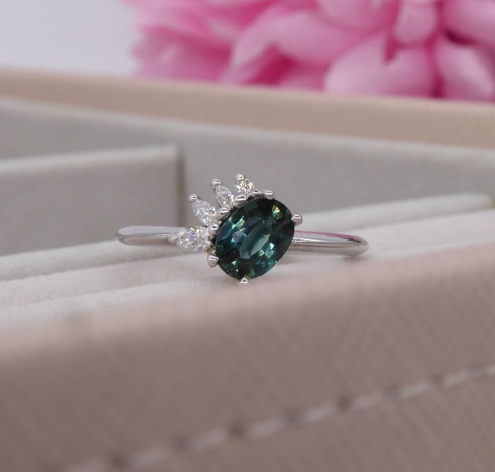Selene - Oval Teal Sapphire & Diamonds Asymmetrical Cluster Engagement Ring - White Gold or Platinum