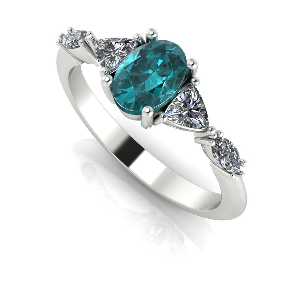 Maisie: Oval Teal Sapphire & Diamonds, White Gold or Platinum Engagement Ring