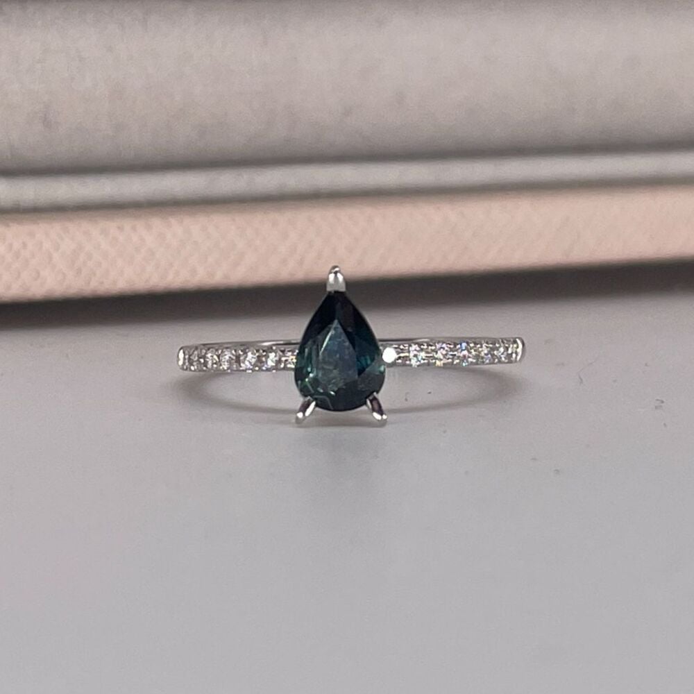 Calista - Pear Shaped Teal Sapphire & Diamonds White Gold Engagement Ring