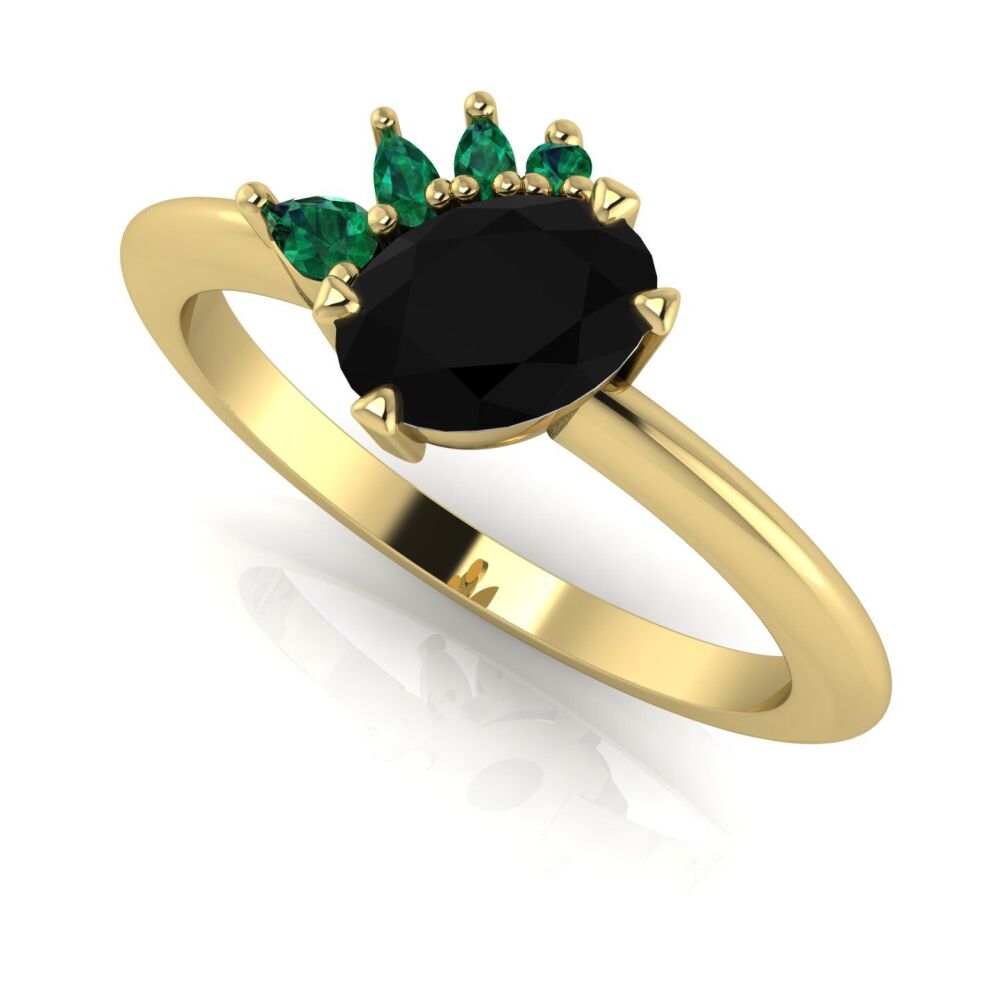 Selene - Oval Black Diamond & Emerald Engagement Ring - Yellow Gold