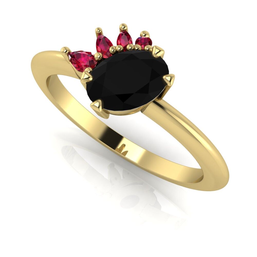 Selene - Oval Black Diamond & Ruby Engagement Ring - Yellow Gold