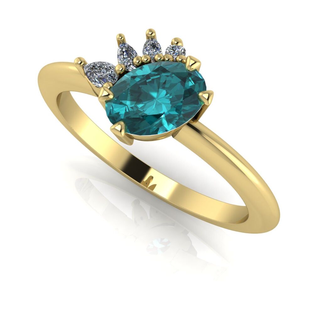 Selene - Oval Teal Sapphire & Diamonds Asymmetrical Cluster Gold Engagement Ring