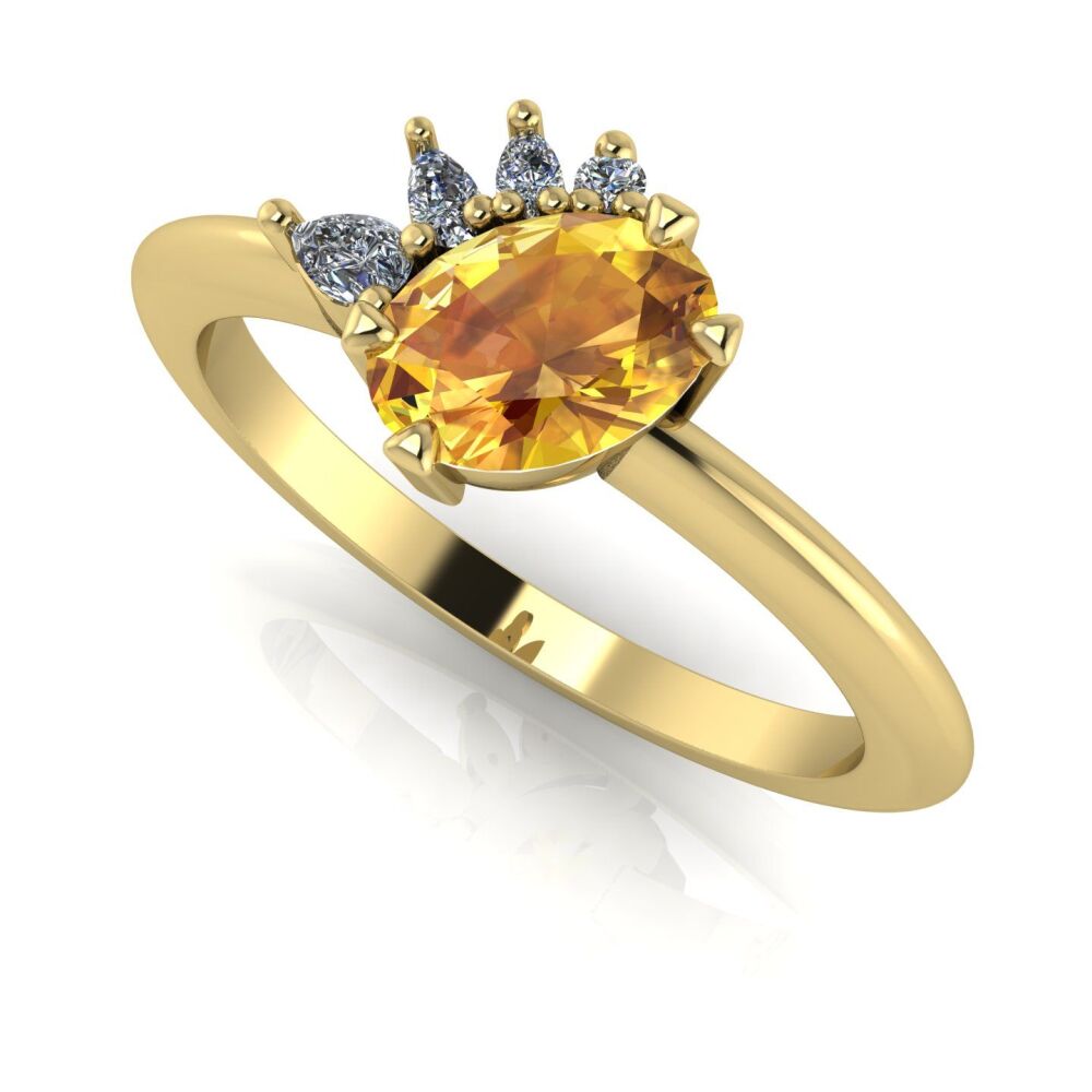 Selene - Oval Yellow Sapphire & Diamonds Asymmetrical Cluster Engagement Ring - Yellow Gold