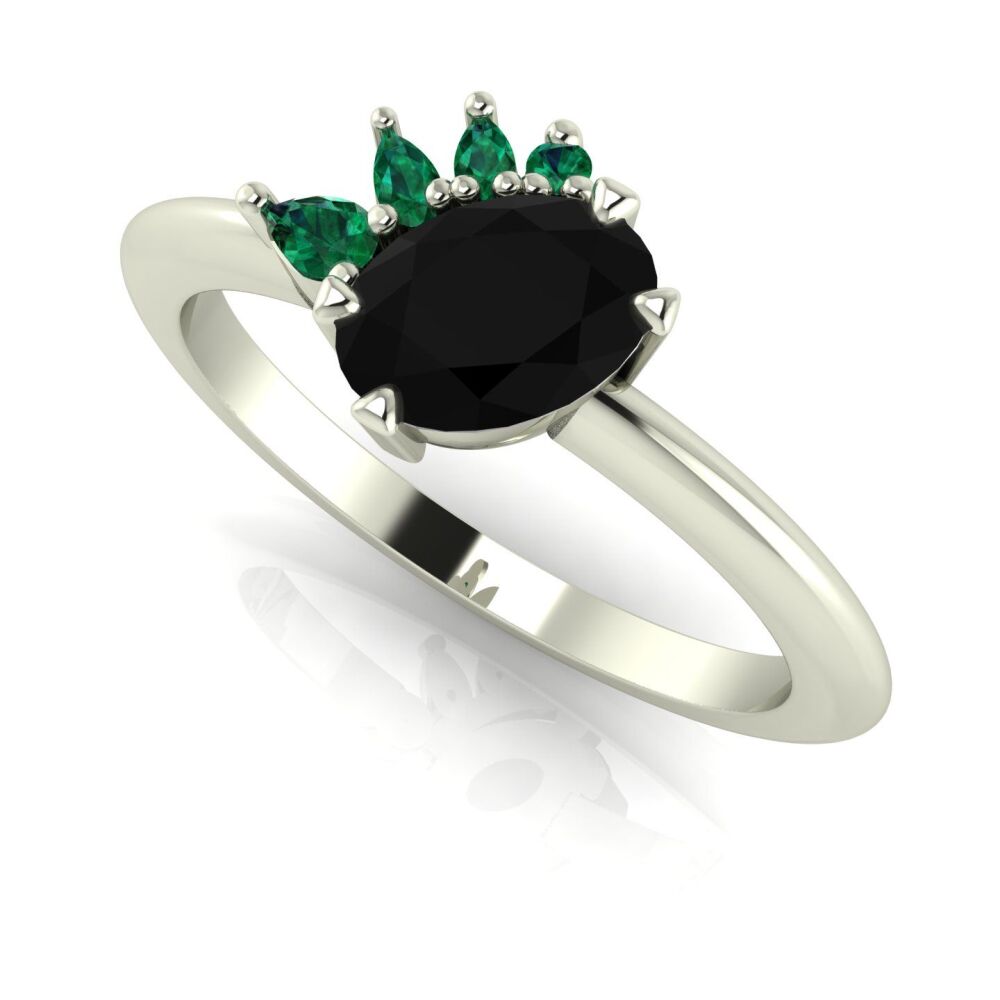 Selene - Oval Black Diamond & Emerald Engagement Ring - White Gold or Platinum