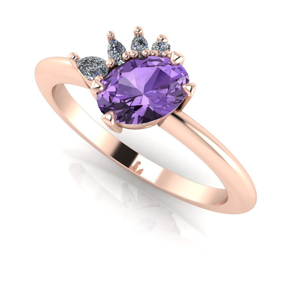 Selene - Oval Violet Sapphire & Diamonds Asymmetrical Cluster Engagement Ring - Rose Gold