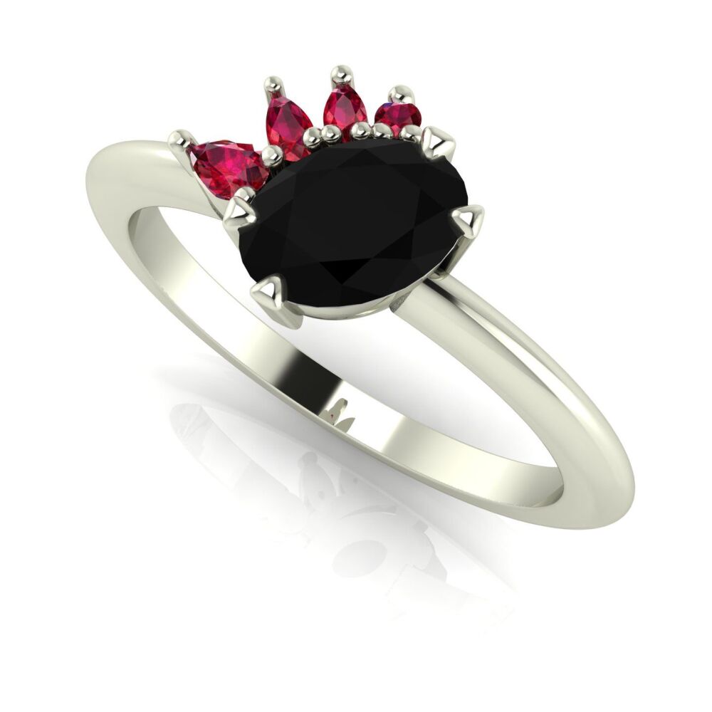 Selene - Oval Black Diamond & Ruby Engagement Ring - White Gold or Platinum