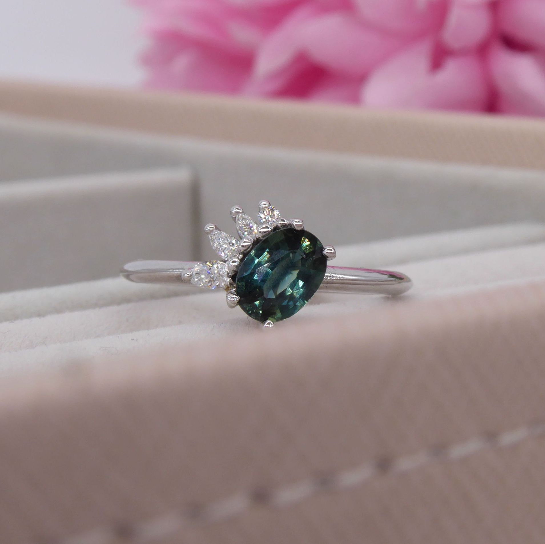Teal sapphire Selene engagement ring