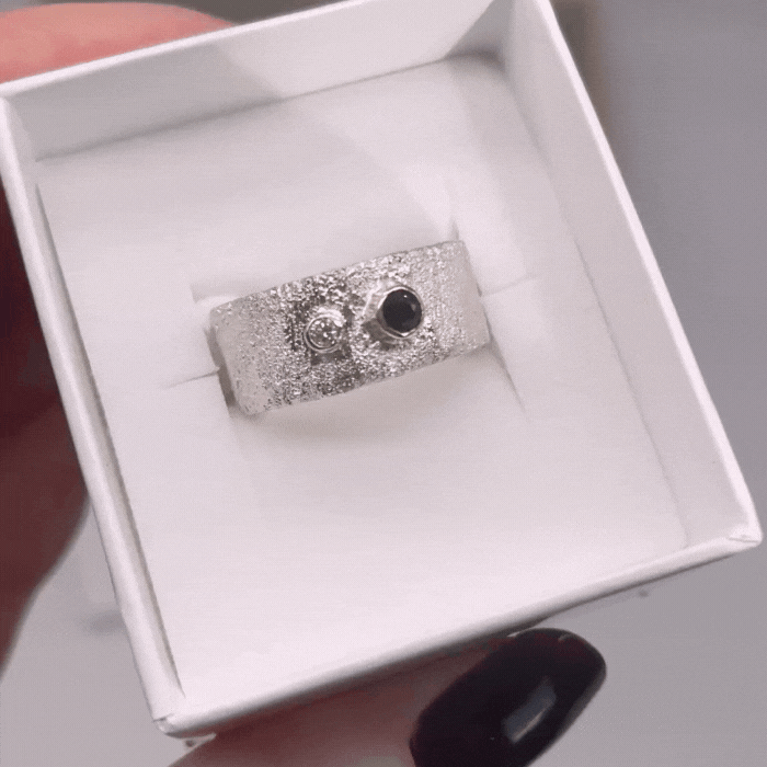 Sapphire and Diamond Textured Handmade Wide Silver Ring With Gold Settings