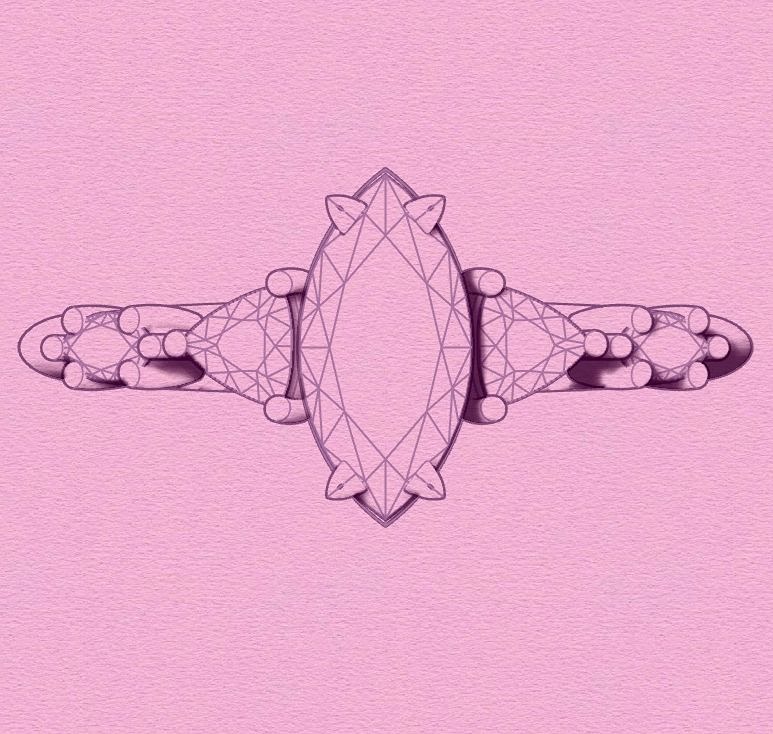 A sketch of a marquise shaped engagement ring