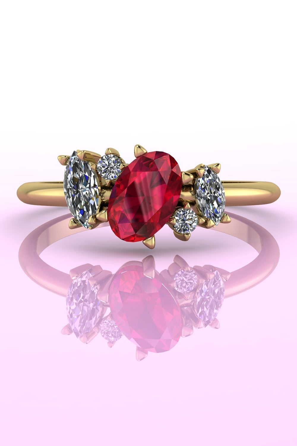 The Atlantis original ruby and diamond asymmetrical cluster engagement ring in yellow gold.