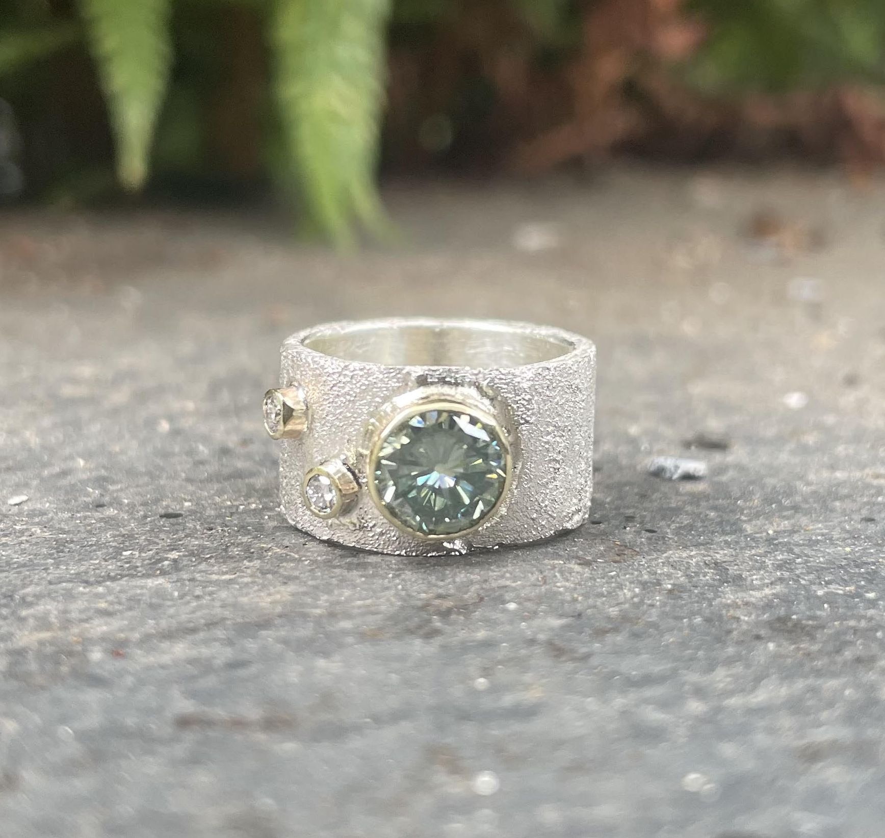 Moissanite and diamond handmade silver ring 