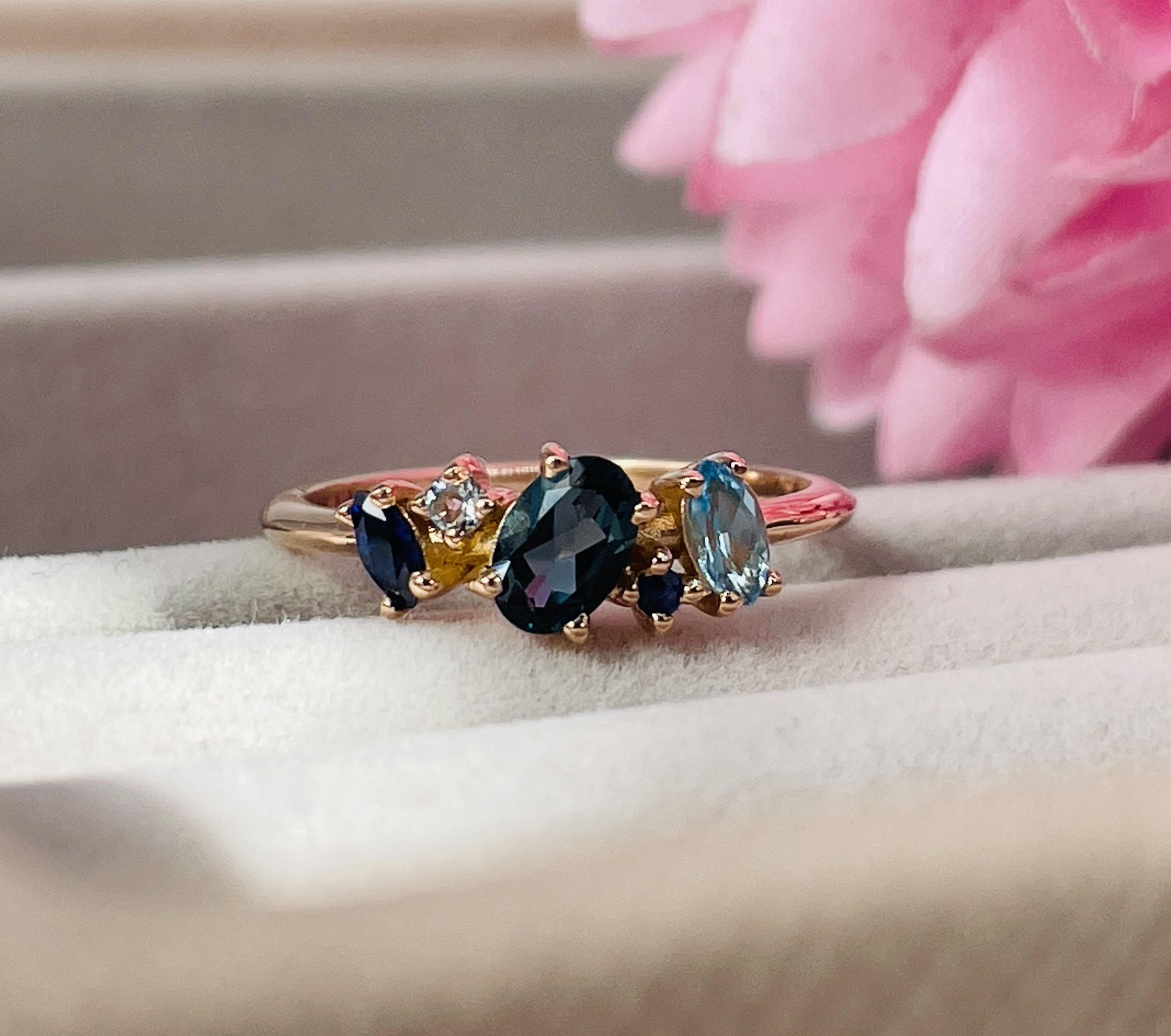 Atlantis asymmetrical cluster engagement ring in 18ct rose gold.