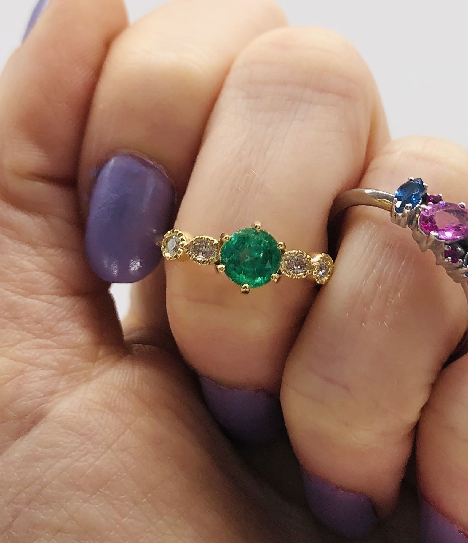 Milena Emerald and diamond unique engagement ring