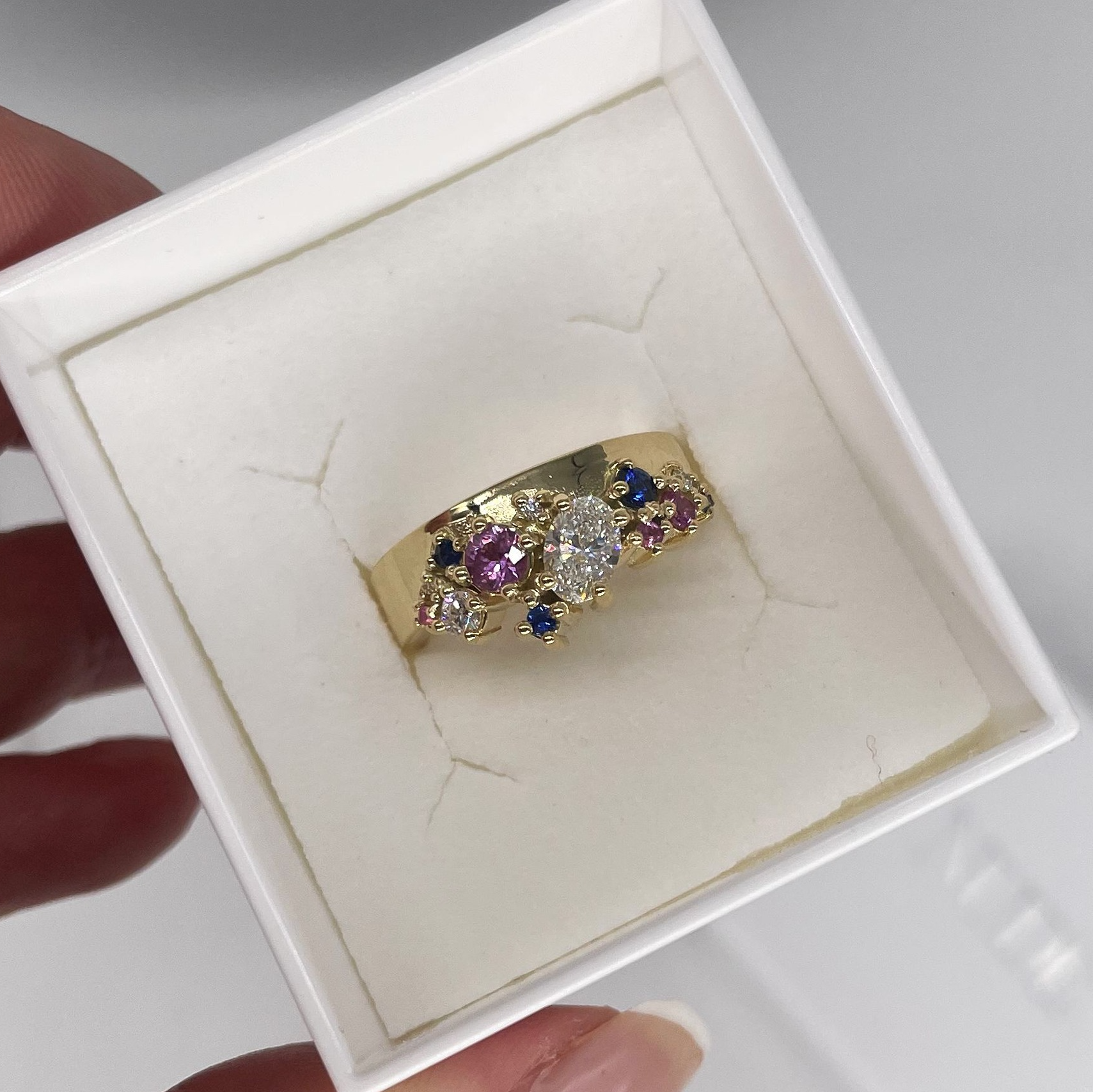 The Crystallised bespoke pink and blue sapphire and diamond wide band ring
