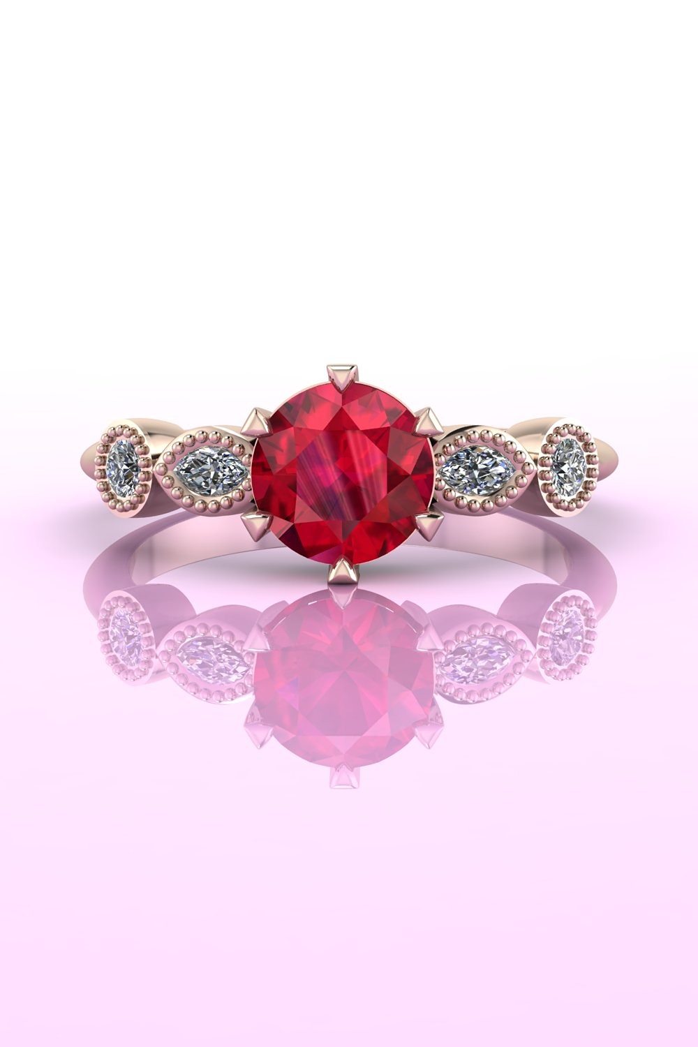 Milena five stone ruby and diamond engagement ring in rose gold.