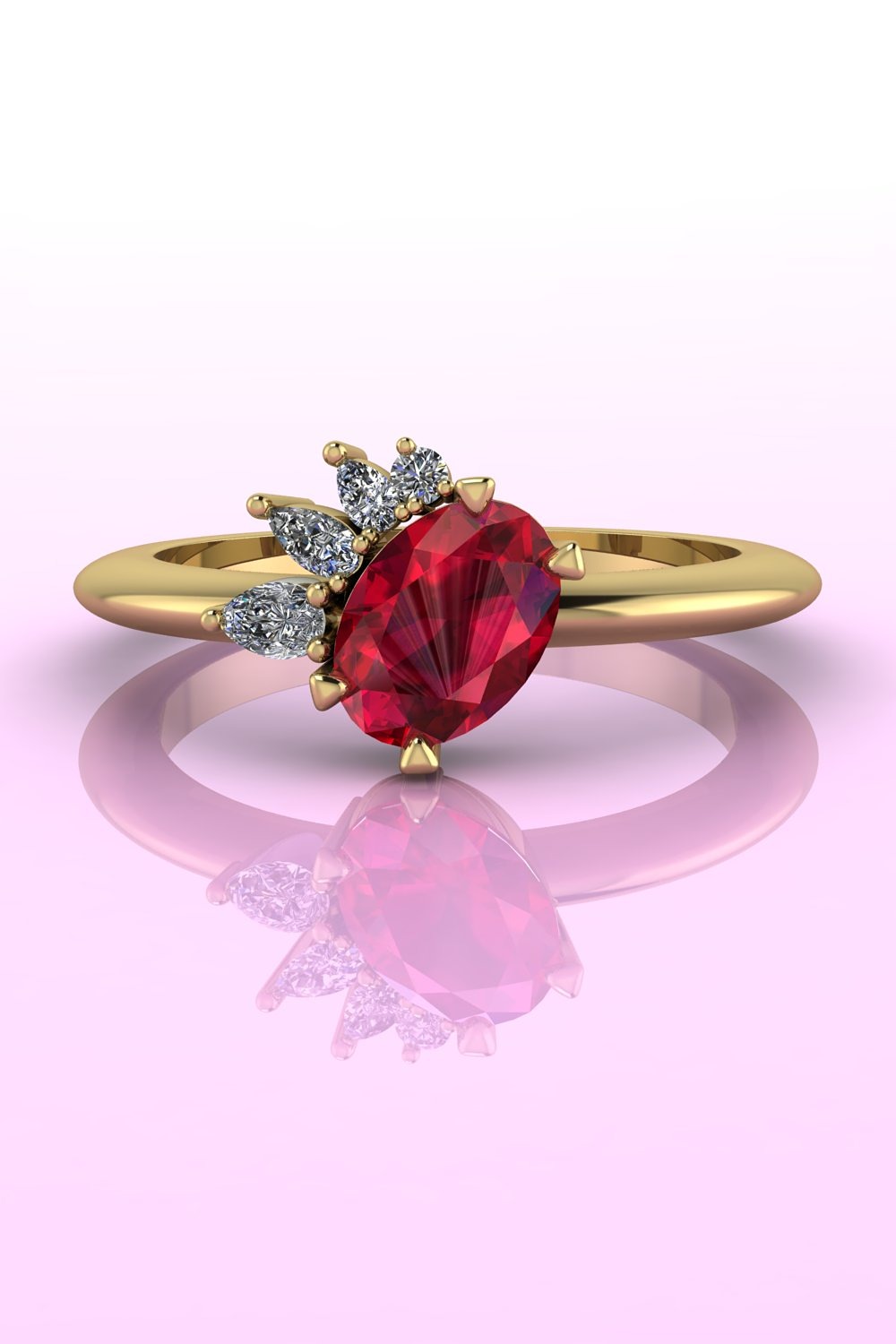 Selene asymmetrical teal sapphire and diamond cluster engagement ring.