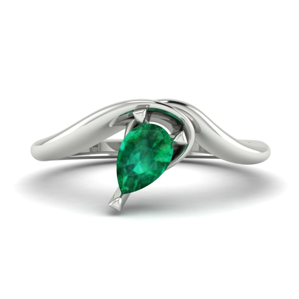 Enchanted Pear Shaped Lab Grown Emerald Asymmetrical White Gold or Platinum Ring