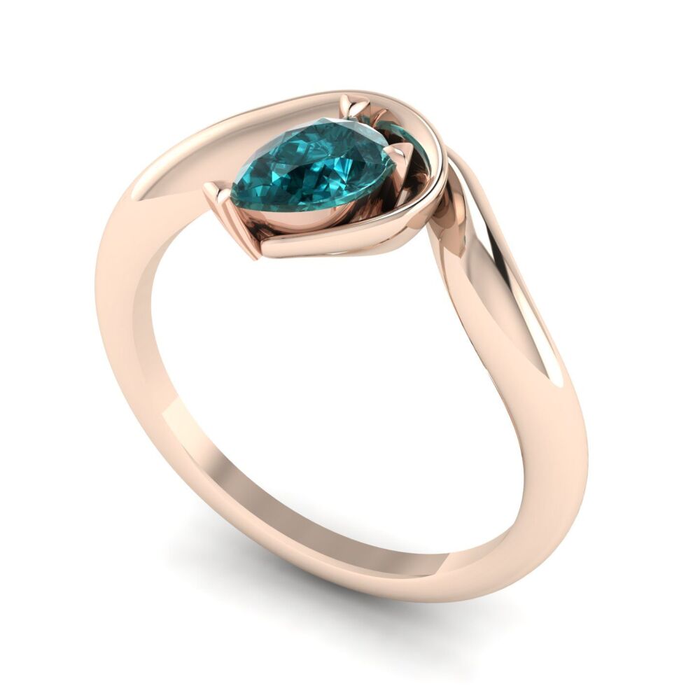 Enchanted Pear Shaped Solitaire Teal Sapphire Asymmetrical Rose Gold Ring