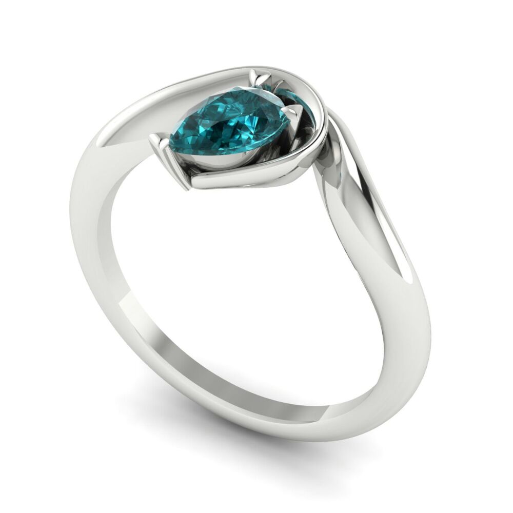 Enchanted Pear Shaped Solitaire Teal Sapphire Asymmetrical White Gold or Platinum Ring