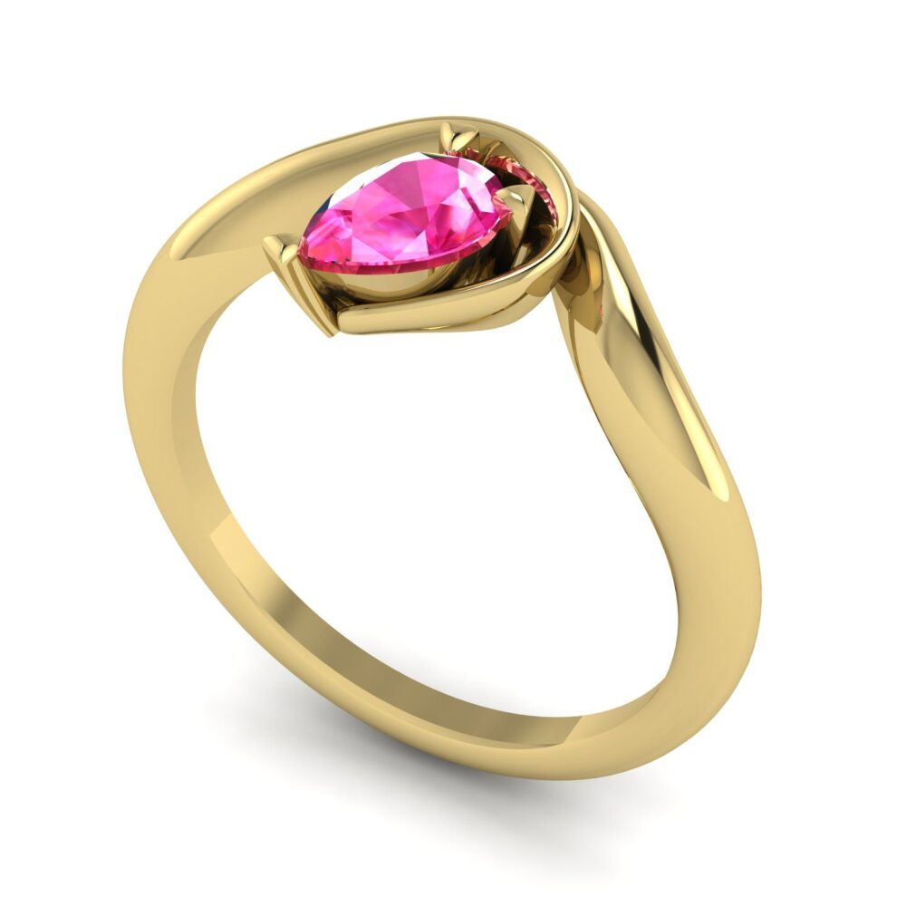 Enchanted Pear Shaped Solitaire Pink Sapphire Asymmetrical Yellow Gold Ring