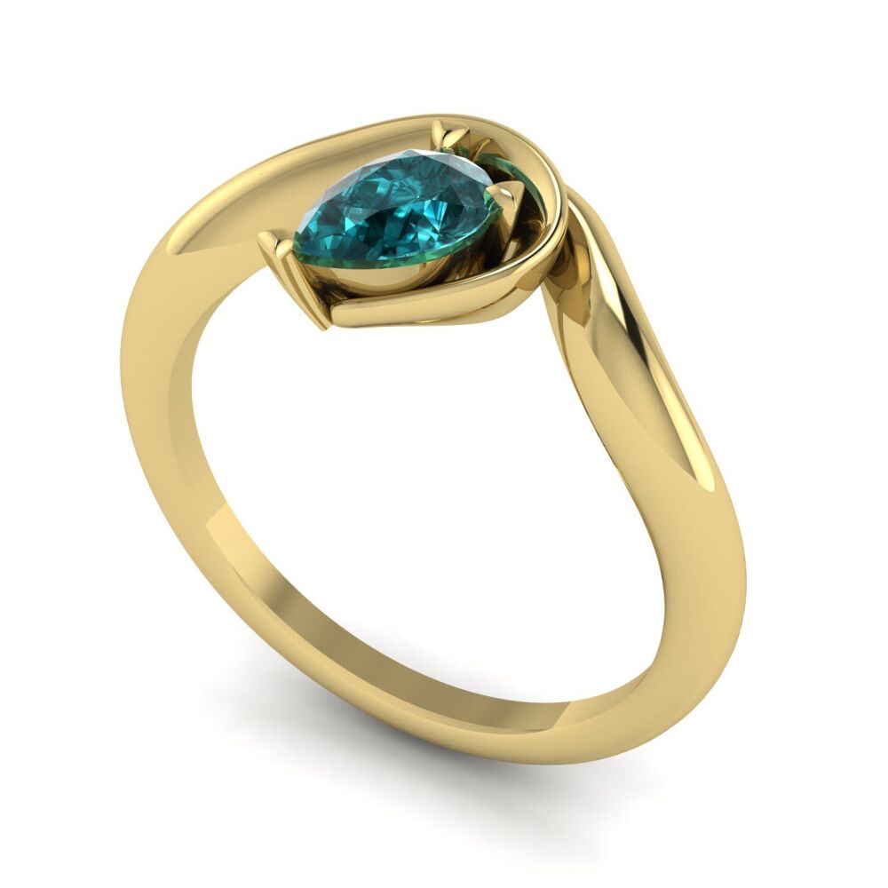 Enchanted Pear Shaped Solitaire Teal Sapphire Asymmetrical Yellow Gold Ring