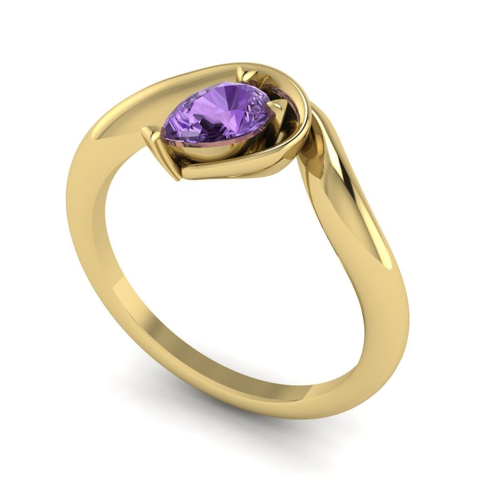 Enchanted Pear Shaped Solitaire Violet Sapphire Asymmetrical Yellow Gold Ring