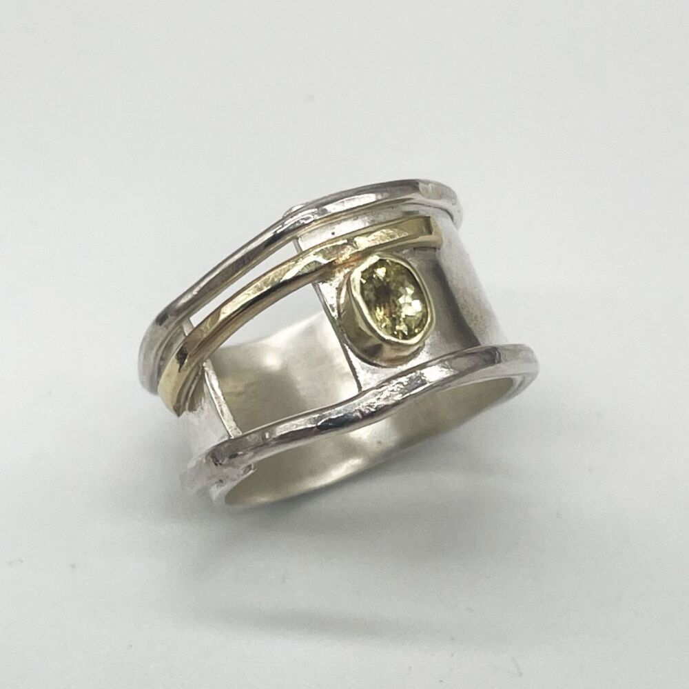 Abstract Sterling Silver, Sapphire Gemstone And Gold Detail Ring