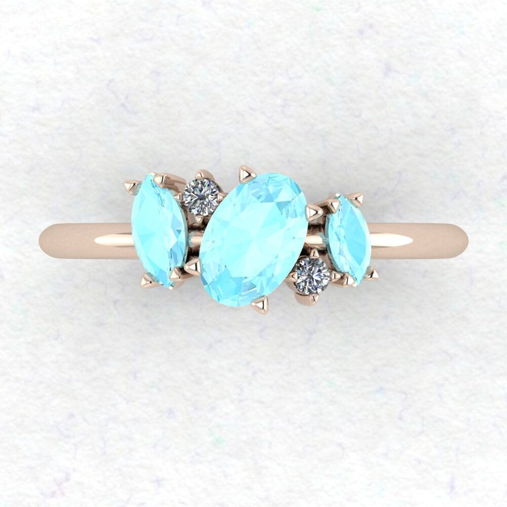 Atlantis Aquamarine & Diamond Asymmetrical Engagement Ring in 18ct Rose Gold