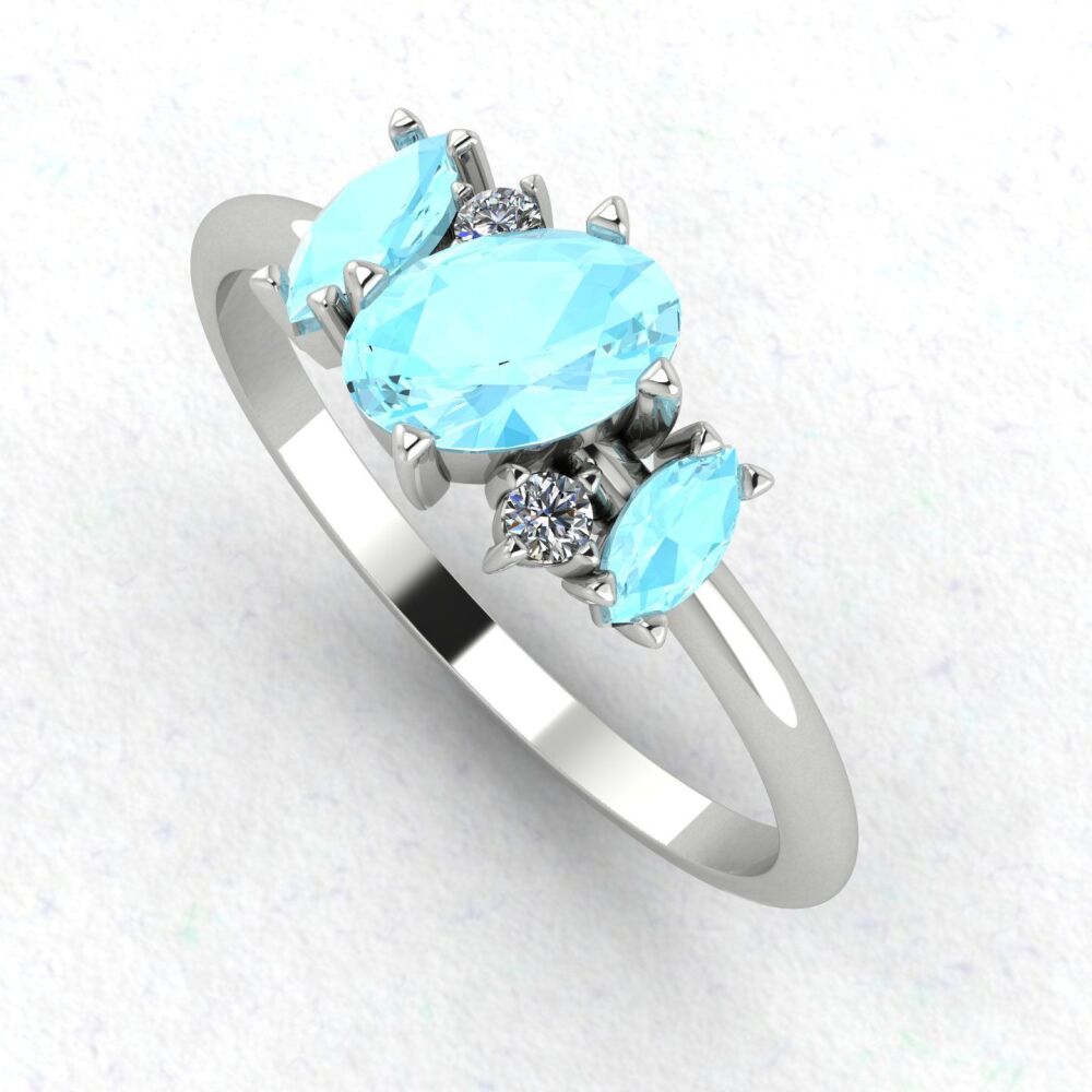 Atlantis Aquamarine & Diamond Asymmetrical Engagement Ring in Platinum or 18ct Gold